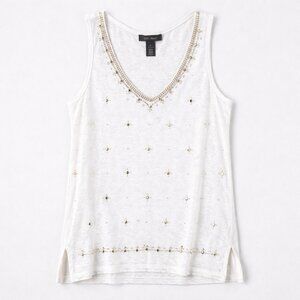 White House Black Market Beaded V-Neck Tank Cream Burnout Side Slits M